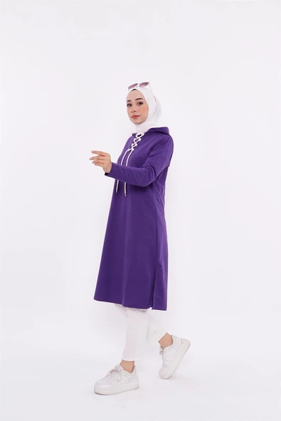 Eflin Yakadan Bağlamalı Kapşonlu Uzun Sweatshirt - 03030.013 - Mor - 2