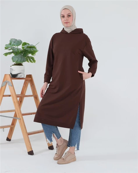 Atlas Kapşonlu Uzun Sade Basic Sweatshirt - 03007.020 - Mürdüm - 11