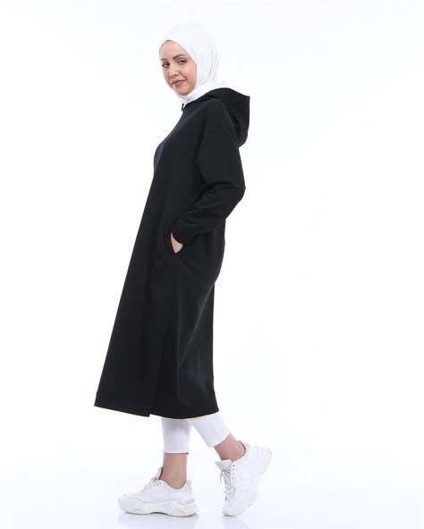 Atlas Kapşonlu Uzun Sade Basic Sweatshirt - 03007.003 - Siyah - 3