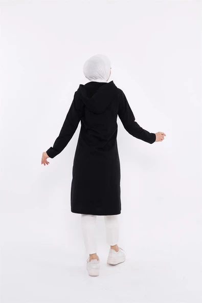 Eflin Yakadan Bağlamalı Kapşonlu Uzun Sweatshirt - 03030.003 - Siyah - 3