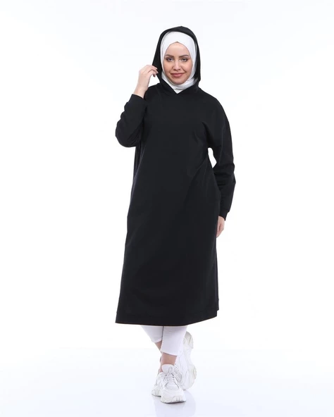 Atlas Kapşonlu Uzun Sade Basic Sweatshirt - 03007.003 - Siyah - 7