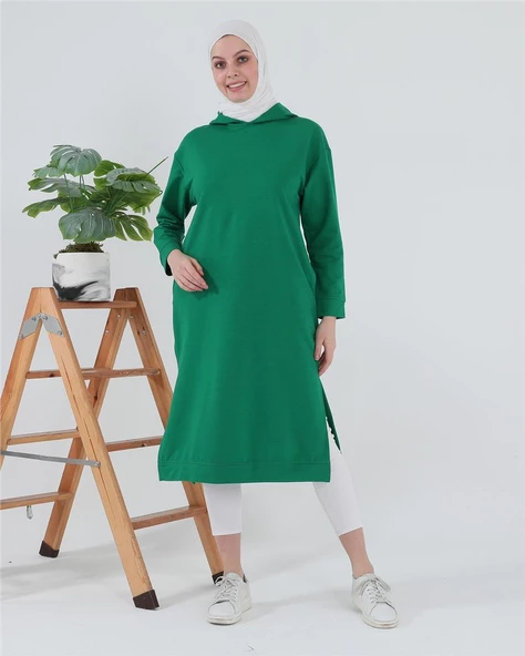 Atlas Kapşonlu Uzun Sade Basic Sweatshirt - 03007.111 - Benetton Yeşil - 10