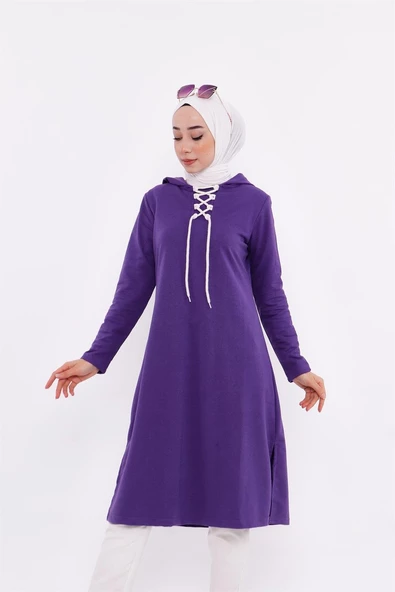 Eflin Yakadan Bağlamalı Kapşonlu Uzun Sweatshirt - 03030.013 - Mor