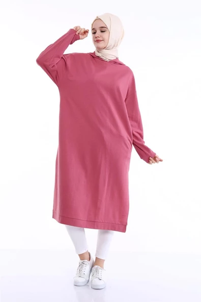 Atlas Kapşonlu Uzun Sade Basic Sweatshirt - 03007.101 - Gül Kurusu - 2