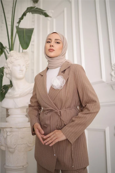 Belden Bağcıklı Kruvaze Ceket Takım - 50021.016 - Vizon - Resim 3