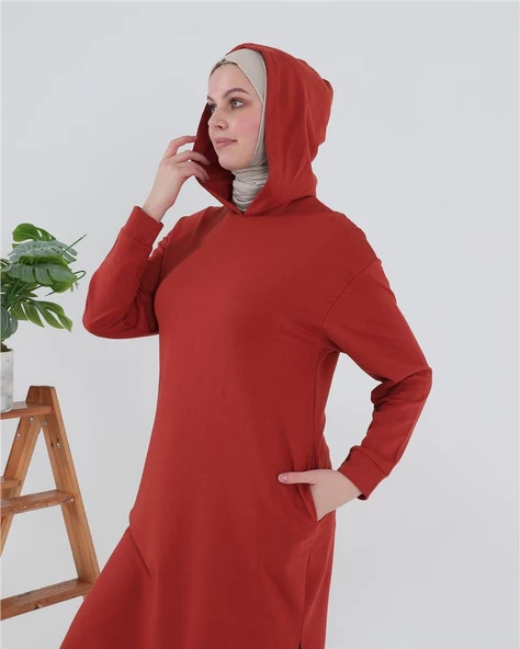 Atlas Kapşonlu Uzun Sade Basic Sweatshirt - 03007.030 - Kiremit - 6