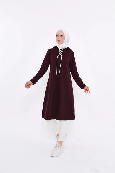 Eflin Yakadan Bağlamalı Kapşonlu Uzun Sweatshirt - 03030.020 - Mürdüm