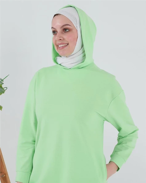 Atlas Kapşonlu Uzun Sade Basic Sweatshirt - 03007.203 - Açık Yeşil - 8