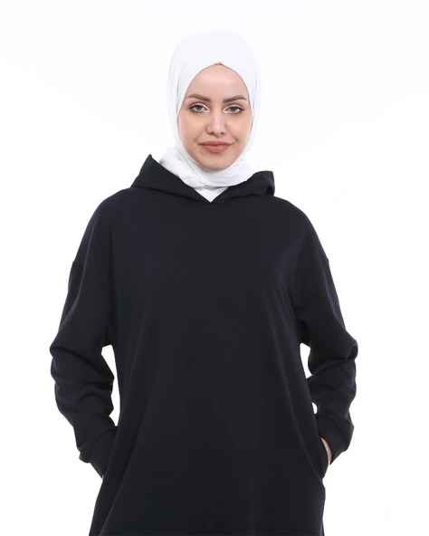 Atlas Kapşonlu Uzun Sade Basic Sweatshirt - 03007.003 - Siyah - 5