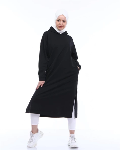 Atlas Kapşonlu Uzun Sade Basic Sweatshirt - 03007.003 - Siyah - 4