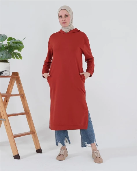 Atlas Kapşonlu Uzun Sade Basic Sweatshirt - 03007.030 - Kiremit - 2