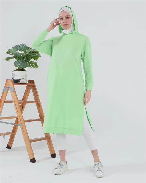 Atlas Kapşonlu Uzun Sade Basic Sweatshirt - 03007.203 - Açık Yeşil - 3
