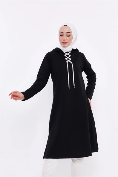Eflin Yakadan Bağlamalı Kapşonlu Uzun Sweatshirt - 03030.003 - Siyah - 2
