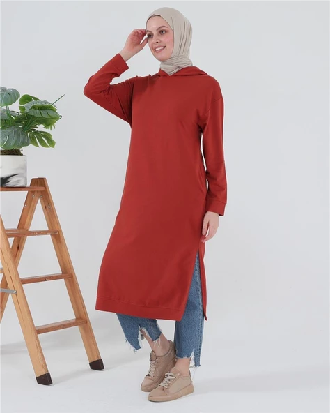 Atlas Kapşonlu Uzun Sade Basic Sweatshirt - 03007.030 - Kiremit - 10