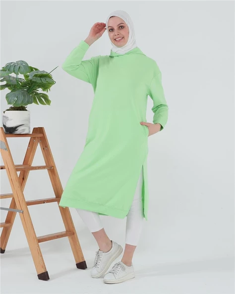 Atlas Kapşonlu Uzun Sade Basic Sweatshirt - 03007.203 - Açık Yeşil - 6