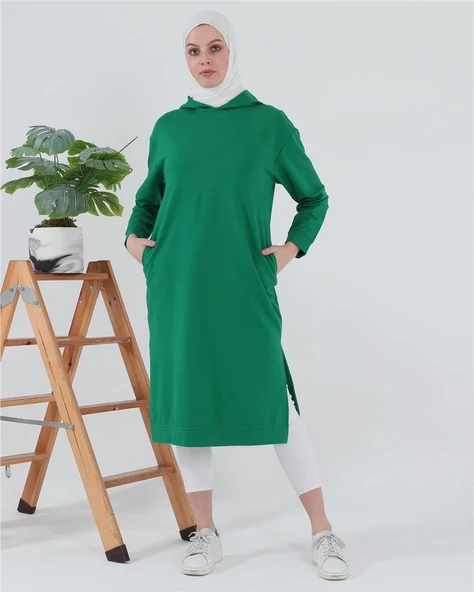 Atlas Kapşonlu Uzun Sade Basic Sweatshirt - 03007.111 - Benetton Yeşil