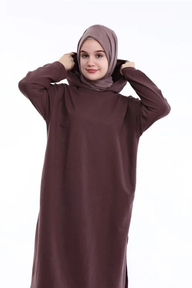 Atlas Kapşonlu Uzun Sade Basic Sweatshirt - 03007.028 - Kahverengi - 8