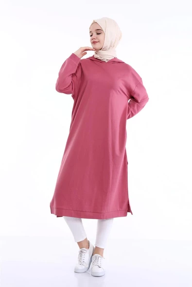 Atlas Kapşonlu Uzun Sade Basic Sweatshirt - 03007.101 - Gül Kurusu - 4
