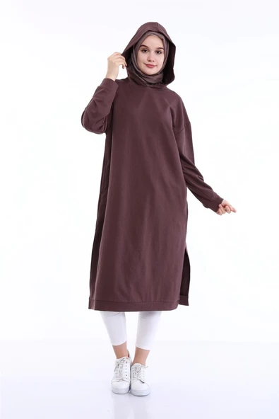 Atlas Kapşonlu Uzun Sade Basic Sweatshirt - 03007.028 - Kahverengi - 9