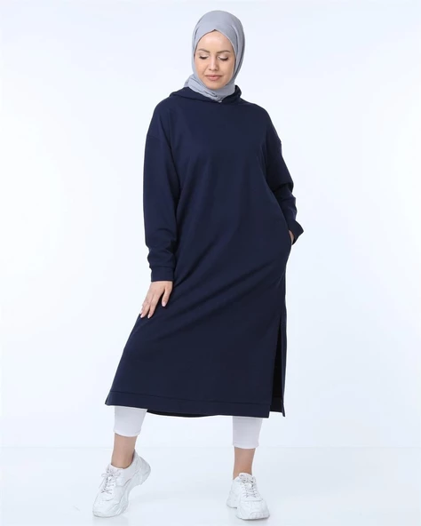 Atlas Kapşonlu Uzun Sade Basic Sweatshirt - 03007.015 - Lacivert - 5