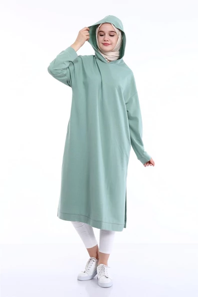 Atlas Kapşonlu Uzun Sade Basic Sweatshirt - 03007.100 - Çağla Yeşili - 2