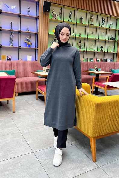 Atlas Kapşonlu Uzun Sade Basic Sweatshirt - 03007.017 - Antrasit - 5