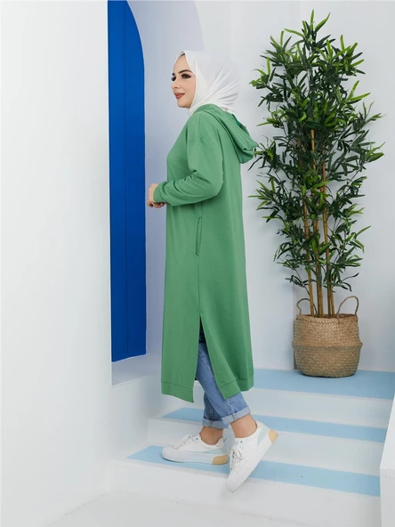 Atlas Kapşonlu Uzun Sade Basic Sweatshirt - 03007.103 - Fıstık Yeşili - 4