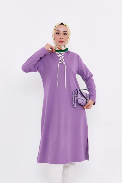 Eflin Yakadan Bağlamalı Kapşonlu Uzun Sweatshirt - 03030.018 - Leylak - 2