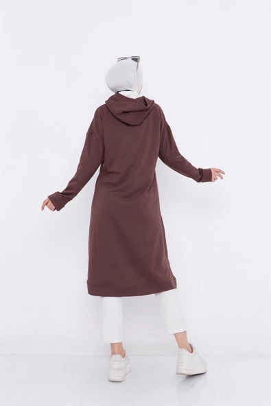 Aysima Yaka Detaylı Kapşonlu Sade Basic Sweatshirt - 03032.028 - Kahverengi - 3