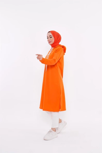 Eflin Yakadan Bağlamalı Kapşonlu Uzun Sweatshirt - 03030.036 - Oranj - 2