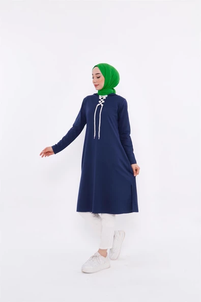 Eflin Yakadan Bağlamalı Kapşonlu Uzun Sweatshirt - 03030.006 - İndigo - 2
