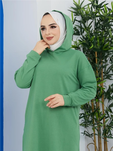 Atlas Kapşonlu Uzun Sade Basic Sweatshirt - 03007.103 - Fıstık Yeşili - 6
