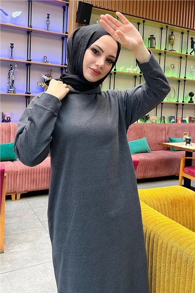Atlas Kapşonlu Uzun Sade Basic Sweatshirt - 03007.017 - Antrasit - 8