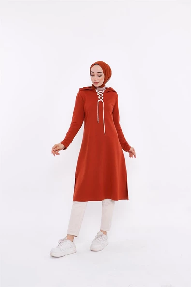 Eflin Yakadan Bağlamalı Kapşonlu Uzun Sweatshirt - 03030.030 - Kiremit