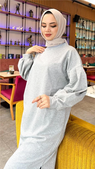 Hira Balon Kol Midi Boy Sade Basic Sweatshirt - 03031.008 - Gri - Resim 2
