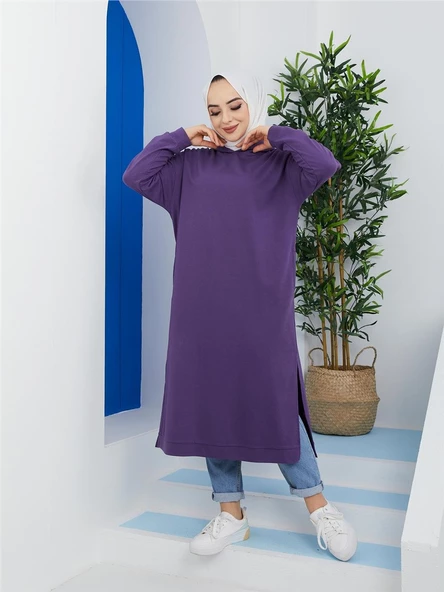 Atlas Kapşonlu Uzun Sade Basic Sweatshirt - 03007.013 - Mor - 2
