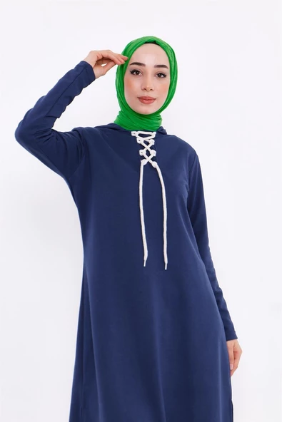 Eflin Yakadan Bağlamalı Kapşonlu Uzun Sweatshirt - 03030.006 - İndigo - 5