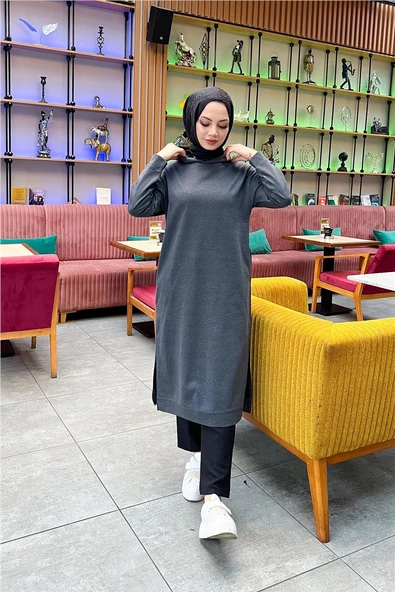 Atlas Kapşonlu Uzun Sade Basic Sweatshirt - 03007.017 - Antrasit - 3