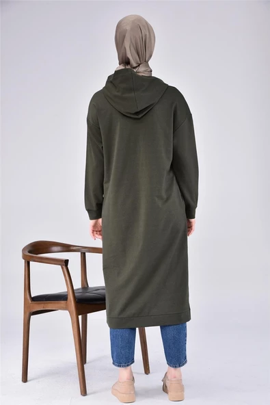Atlas Kapşonlu Uzun Sade Basic Sweatshirt - 03007.005 - Haki - 2
