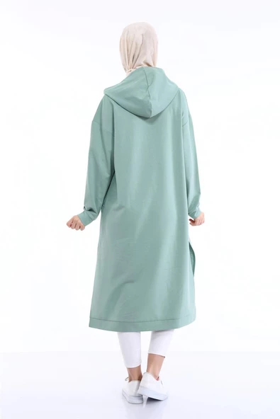Atlas Kapşonlu Uzun Sade Basic Sweatshirt - 03007.100 - Çağla Yeşili - 8