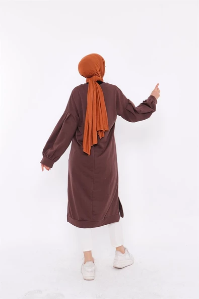 Hira Balon Kol Midi Boy Sade Basic Sweatshirt - 03031.028 - Kahverengi - Resim 3