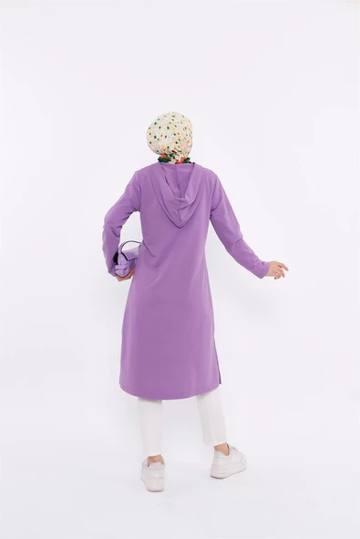 Eflin Yakadan Bağlamalı Kapşonlu Uzun Sweatshirt - 03030.018 - Leylak - 3