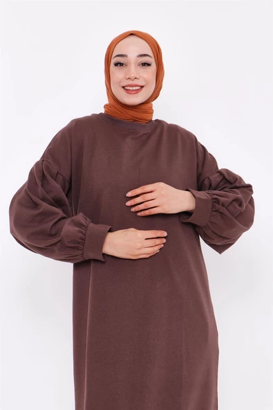 Hira Balon Kol Midi Boy Sade Basic Sweatshirt - 03031.028 - Kahverengi - Resim 2