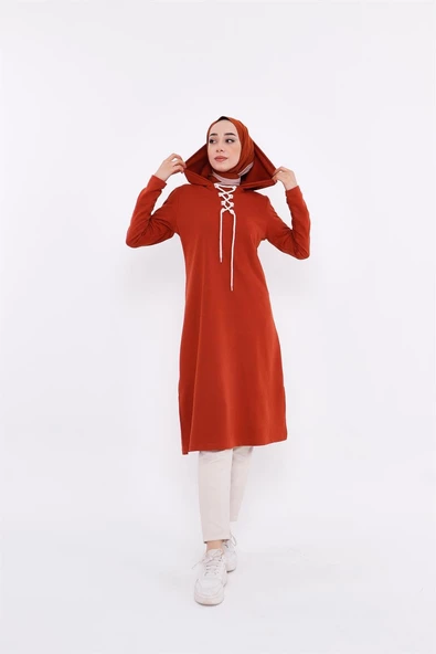 Eflin Yakadan Bağlamalı Kapşonlu Uzun Sweatshirt - 03030.030 - Kiremit - 2