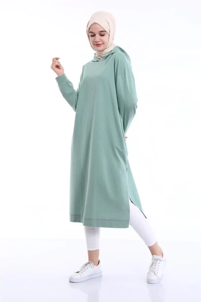 Atlas Kapşonlu Uzun Sade Basic Sweatshirt - 03007.100 - Çağla Yeşili - 5