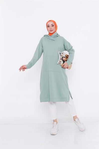 Aysima Yaka Detaylı Kapşonlu Sade Basic Sweatshirt - 03032.100 - Çağla Yeşili - 2