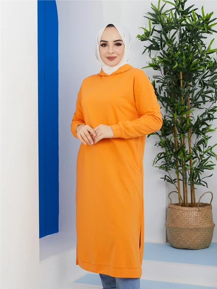 Atlas Kapşonlu Uzun Sade Basic Sweatshirt - 03007.036 - Oranj - 5