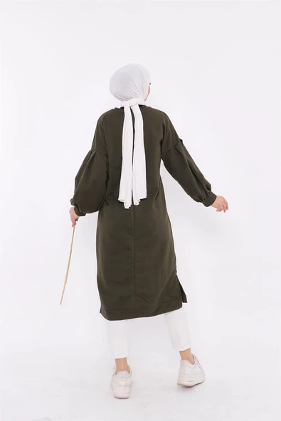 Hira Balon Kol Midi Boy Sade Basic Sweatshirt - 03031.005 - Haki - Resim 4