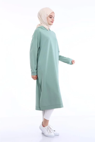 Atlas Kapşonlu Uzun Sade Basic Sweatshirt - 03007.100 - Çağla Yeşili - 3