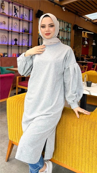 Hira Balon Kol Midi Boy Sade Basic Sweatshirt - 03031.008 - Gri - Resim 3